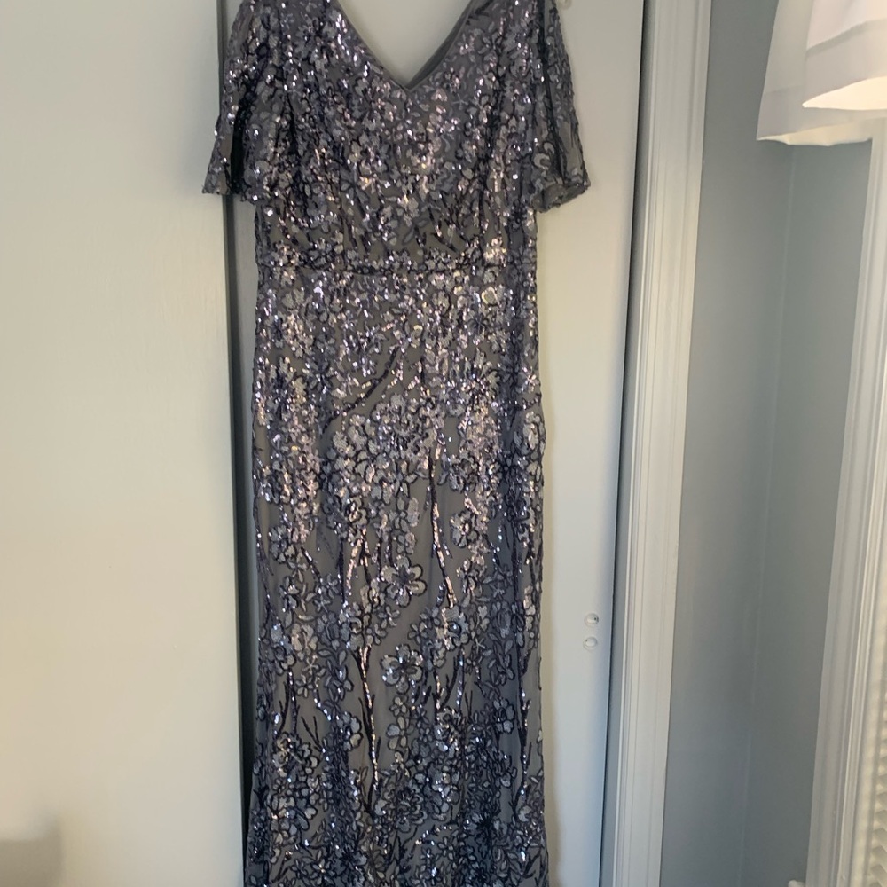 Alex Evenings Silver Sequin Floral Evening Gown